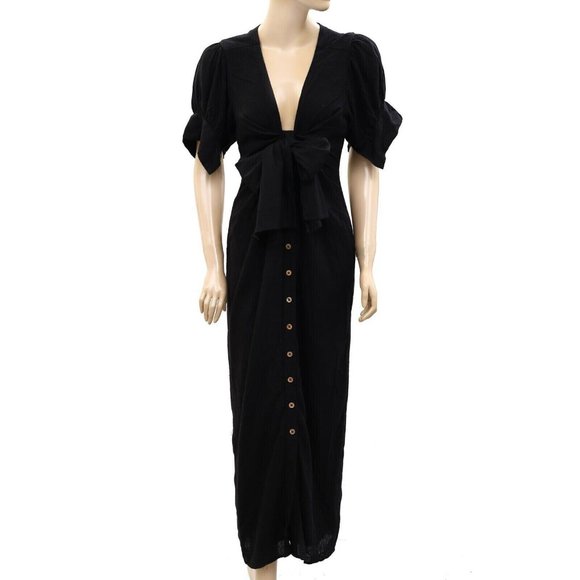 Free People Free-est Vintage Summer Midi Dress Buttondown Black Ruched - Picture 6 of 9